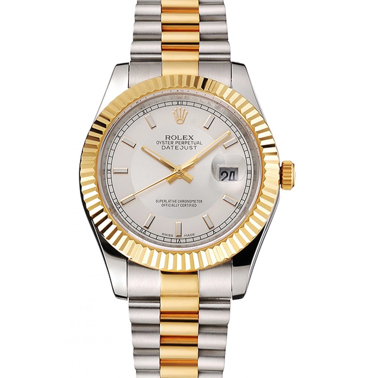 Stainless Bracelet Gold Dial Gold Two Bezel Steel Tone Rolex Case White Datejust Swiss 0715
